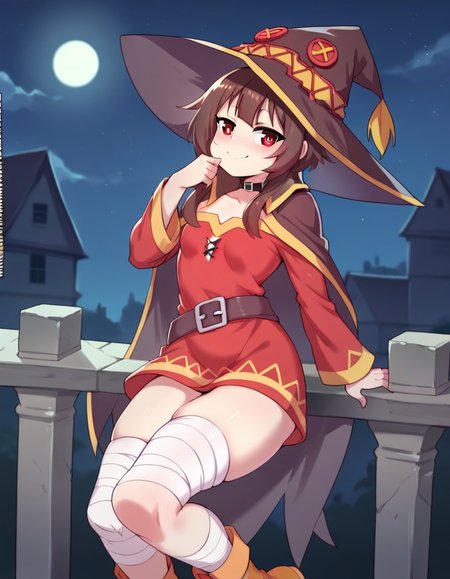score_9, score_8_up, score_7_up, source_anime, BREAK   solo, cute smile, red_eyes, megumin, small_breasts, half-closed_eyes,witch_hat,bandaged_leg,night_sky, moonlight, leaning on the balcony ,