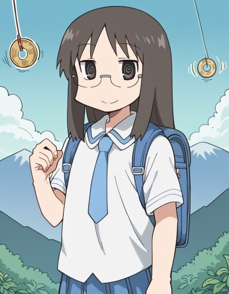 score_9, score_8_up, score_7_up, source_anime, <lora:mai-minakami-s1-ponyxl-lora-nochekaiser:1>, mai minakami, long hair, black hair, glasses, black eyes,, skirt, school uniform, necktie, tokisadame school uniform, mountain trail, hiking, nature, backpack, adventure, fresh air, smile, <lora:pendulum-ponyxl-lora-nochekaiser:1>, pendulum, holed coin, coin on string, hypnosis, mind control, coin, @ @,, looking at viewer, solo,, dutch angle, cowboy shot