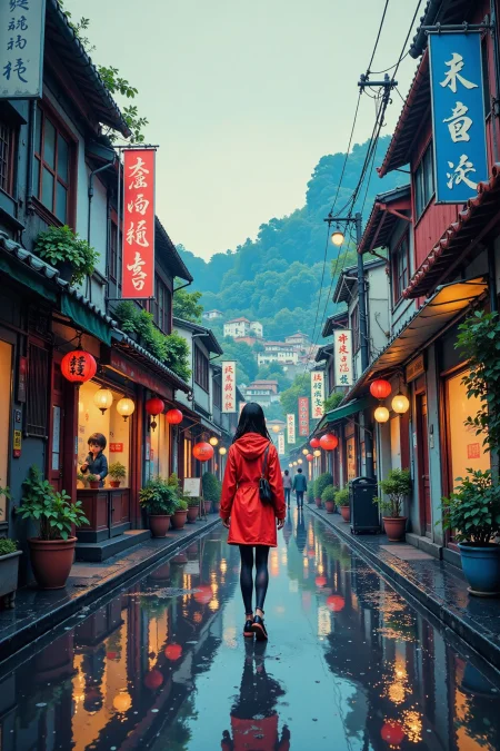 street with wet asphalt beautiful  landscape, rainy day, woman, very intricate, very detailed, sharp, bright, colorful, <lora:Hand v2:0.5> <lora:Anti-Blur:1><lora:Insane Detail Slider:0.25>  <lora:flux.1_lora_flyway_Epic-detail_v2:0.3> <lora:fluxenhancer:0.25> <lora:ROWER:0.8>  <lora:pingtu:0.6> pingtu style, illustration-fen