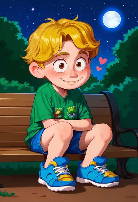 score_9, score_8_up, score_7_up, highly detailed, Enoon54321 Style, cute boy, 1boy, solo, Aaron Mitchell, fair skin, shaggy, blonde hair, brown eyes, freckles. green t-shirt, dinosaurs shirt, blue and yellow strap sneakers, at night, full moon, sitted, bench, embarassed smile, half closed eyes, floating hearts, blushing, park, 
Enoon54321 Style, round eyes, exaggerated proportions, cartoonish features, anime-inspired, cute aesthetics, cartoonish proportions, highlights,smooth lines, glossy highlights, minimal detail, clean outlines, consistent line weight, gentle highlights