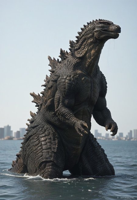 score_9, score_8_up, score_7_up, solo, portrait, from side, 1man, giant dinosaur reptilian monster Godzilla, spines, feral, realistic scales, detailed scale texture, solo, outdoors, out of the ocean, partially submerged, wading through the water, miniature city, building miniatures in the background, solo, full body, solo, extremely detailed, Macro detailed realism style photograph, 3DMM