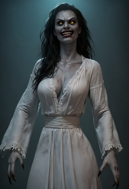 score_9, score_8_up, score_7_up, score_6_up, source_real, source_photo, a 3/4 three-quarters length portrait,very large breasts, white dress, white dress, white dress, white dress, , possessed witch , possessed witch possessed witch possessed witch possessed witch,deep cleavage,  valak, veins, black veins, veins, 1girl, valak woman , female deep one, valak, source_real, source_photo, in the style of the Exorcist movie, demonic possession from the exorcist, linda blair in the exorcist, a possessed woman, bloodless lips, valak, Body horror, pale body, yellow eyes, long black hair, grey skin, black veins, monster, scary, paranormal, pale, black veins, long tangled black hair, teeth, hands on hips, front view, very pale skin, very pale grimy filthy skin, evil smile, demonic possession. Evil smile, a possessed woman,, yellow eyes, large breasts, hands by side, floating in mid-air, floating above ground, stained filthy white open old-fashioned stained filthy tattered nightgown, stained filthy old-fashioned nightgown, long nightgown,long sleeves, black pupils,  red lighting, bedroom with peeling wallpaper, horror, scary face, monstrous, evil, claws, red lighting, Expressiveh, g0thicPXL, glowing, neon,, zPDXL2, exorcist style