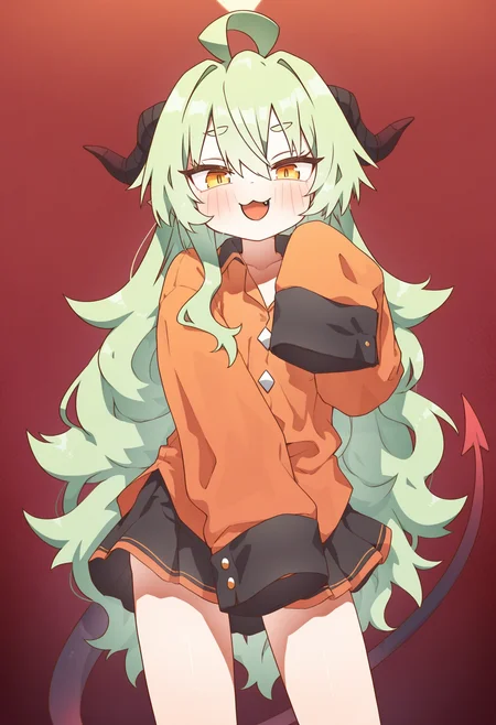 masterpiece,best quality,amazing quality,
1girl, solo, horns, yellow eyes, fang, shirt, open mouth, blush, long hair, smile, looking at viewer, green hair, ahoge, skirt, tail, red background, hair between eyes, orange shirt, long sleeves, sleeves past fingers, demon horns, :3, demon tail, :d, sleeves past wrists,
 <lora:MountainHan:1>