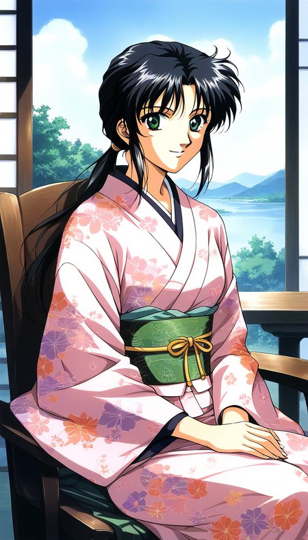 score_9, score_8_up, score_7_up, source_anime, rating_explicit, BREAK <lora:Tachibana_Yumi_XL:1> Tachibana_Yumi, black hair, long hair, green eyes, low ponytail, bangs, sidelocks, 1990s (style), 
japanese clothes, kimono, 1girl, sitting, smile, looking at viewer, sash, 1990s (style), 
obi, solo, solo focus, chair, pink kimono, floral print, own hands together,  long sleeves,
day, sky, outdoor,
