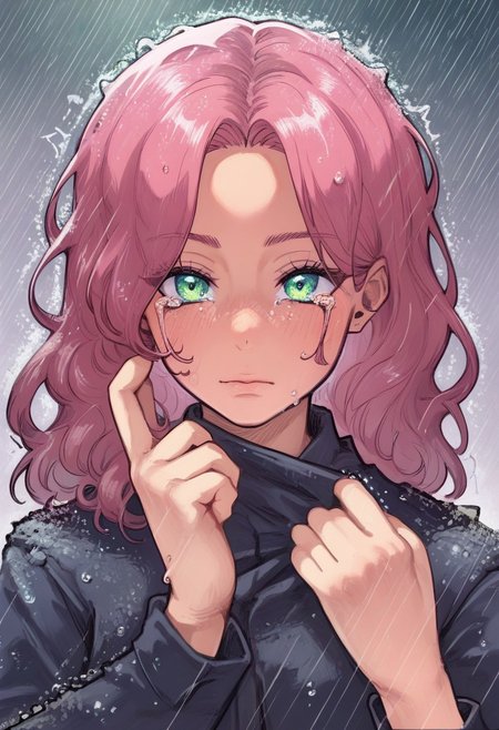 score_8_up, score_7_up, score_6_up, score_5_up, ((adult, cinematic: 1,2, dark theme), dramatic lighting, 1girl, tanlines, wavy bang, cotton vest, blue shirt with twitter icon, cotton pants, grass, violet field, (despair, crying, stone cold face, muryokusho, rain), light pink blue green, (masterpiece))
