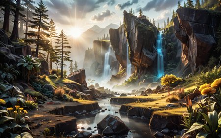 wide scenic view over vast outer planet mountainside , giant rocks, (strange multicolored plants:1.36), (strangely shaped plants:1.22), otherworldly flowering, small rocky creek, neon water reflections, no humans, (low morning sunshine, golden hues, soft breeze, soft mist:1.23) <lora:sdxl\add-detail-xl.safetensors:0.9400000000000001:0.32> <lora:sdxl\incase_style_v3-1_ponyxl_ilff.safetensors:0.88:0.25> <lora:sdxl\pony-realism-22-nsfw-photo.safetensors:0.86:0.25>p1,s4,,