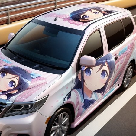 aragaki ayase,smile,vehicle focus, from side(lapping car,print car,painted car style),masterpiece,best quality, very aesthetic, absurdres,  ultra detailed  <lora:Ayase_Aragaki_-_Oreimo:0.7> <lora:lappingcar:1>