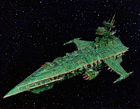 oil painting,<lora:Chaos_Warfleet_-_Warhammer_40000_SDXL:0.8>,a green chaoswarfleet cruiser in outer space, no_humans