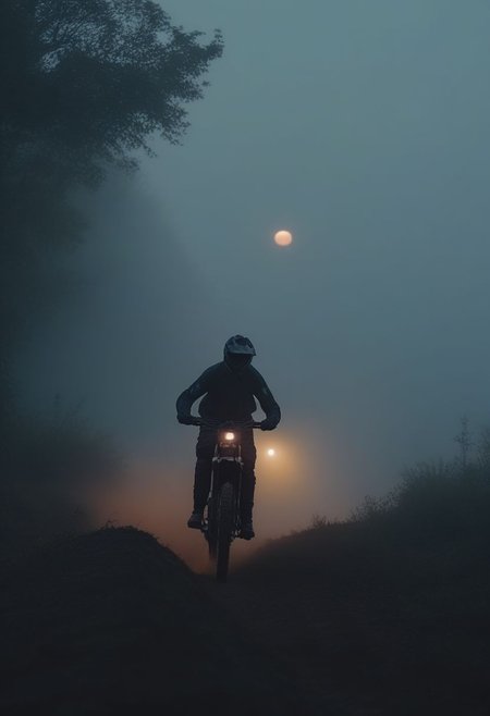 OverallDetail high-speed off-road bike photography, during twilight, dramatic, moddy, misty environment, low contrast muted color tones, shot on 500 mm anamorphic lens, with an extreme shallow depth of field, creating a dreamy lens flare, atmospheric fog, cinematic masterpiece, neo noir aesthetic, movie still, bloom, 4k uhd, intricate details