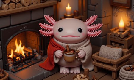 top down tilt shift image of tiny cute anthropomorphized axolotls with pink frilly gills and round black eyes,  high-angle view of a pink axolotl in a tiny mountain cabin, wrapped in a cozy blanket by the fire, holding a small mug of spiced cider topped with a cinnamon stick; its round black eyes are relaxed, and its frilly gills sway in time with the crackling fire; the stone fireplace and rustic wood furniture create a warm, earthy setting, while the tilt-shift effect blurs the flickering firelight, stacked firewood, and knit blankets, adding a sense of cozy, secluded charm to this mountain retreat<lora:Axomodel_Flux_V2.safetensors:1.0:1.0> <lora:isometric.safetensors:1:1>