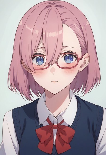 score_9, score_8_up, score_7_up, source_anime,lilysa amano, 1girl, solo, blush, glasses, blue eyes, school uniform, short hair, looking at viewer, hair between eyes, semi-rimless eyewear, pink hair
