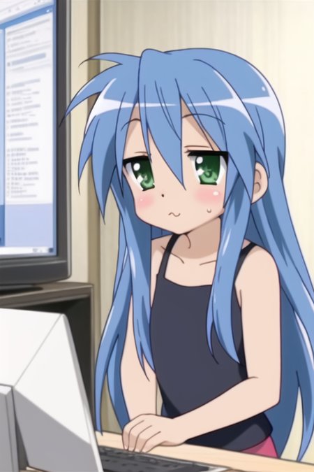 best quality, (konataRedux-10000:.9), ((playing on a computer)), pouting