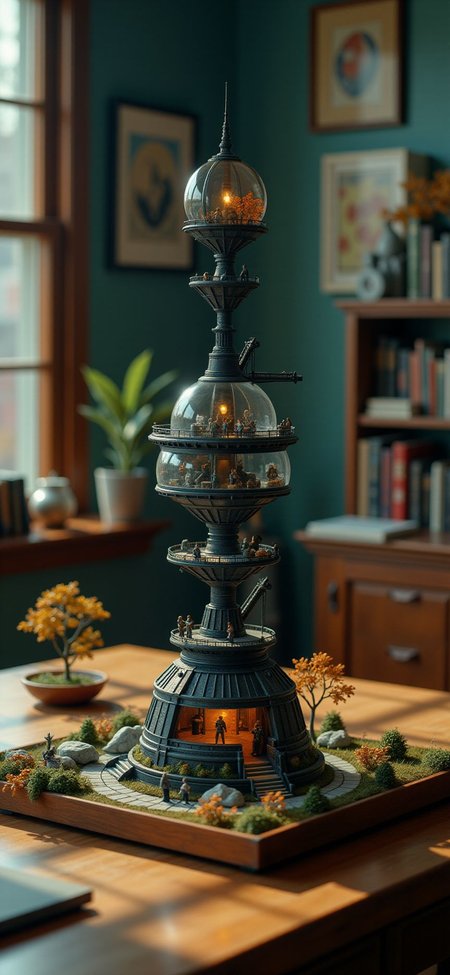 (indoors,indoor,isometric view,side view,tilt-shift lens:2), (fna_style,miniature,miniature,diorama,miniature,diorama,PVC,plastic:2),starry night,autumn giant (multi layers of space ship  maintenance bay  sphere vertical:2.5) is located center, people, (in wooden square plate:3) (on table at study:3) <lora:Fantasy_Novel_Art_Style:1> <lora:Rostpunk:0.3>