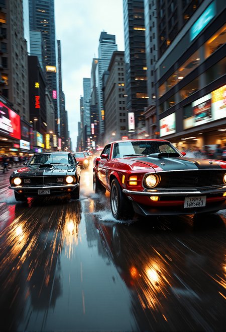 A high-energy, cinematic car chase scene set in a bustling cityscape at dusk. Two sleek, vintage muscle carsâone a roaring red 1969 Ford Mustang and the other a black 1970 Dodge Chargerâspeed down narrow, rain-slicked streets, tires screeching as they weave through traffic. Sparks fly as the cars narrowly avoid collisions, and the Mustang skids around a sharp corner, fishtailing dangerously close to the sidewalk. The Charger is hot on its tail, headlights glaring, and engine growling with raw power. The city lights blur in the background, and reflections of neon signs dance across the wet pavement. Skyscrapers loom overhead, and pedestrians dive out of the way as the cars tear through intersections. The atmosphere is tense and exhilarating, capturing the thrill and danger of a classic, high-stakes car chase.