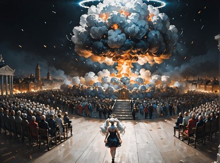 score_9, score_8_up, score_7_up, Fighting scene, shot from above, looking up against all odds, mourning,  <lora:Kirsche:1>(kirsche, twintails, long hair, fluffy hair, cherry hairornaments, white hair, animal ears, large breasts, halo), lollita dress, black dress, lollita fashion accessories, red details, Black hair, white highlights, <lora:Nuclear_Explosion:1> Nuclear Explosion, Blue Nuke in the Background, A skulls throne, darkened by time and decay, the growing black tendrils sprawl in technological terror,highly detailed