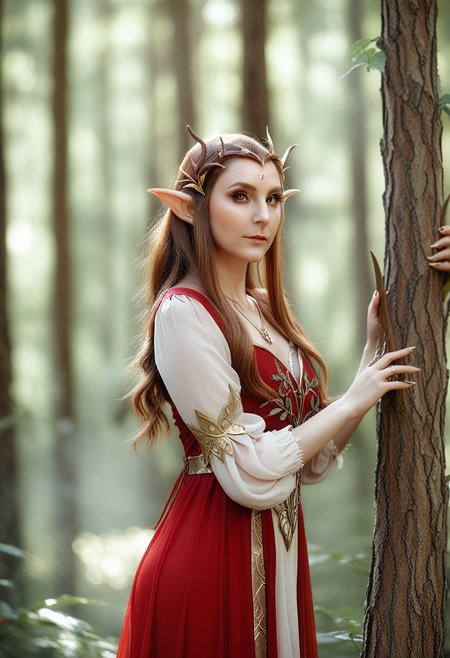 depth of field, fantasy photoshoot, photo, professional photoshoot,
1girl, elf, pointy ears, themes of red and gold,
long hair, dress, jewelry, brown hair,
summer forest, branches in foreground, blurry foreground, trees in background,
realistic, blurry