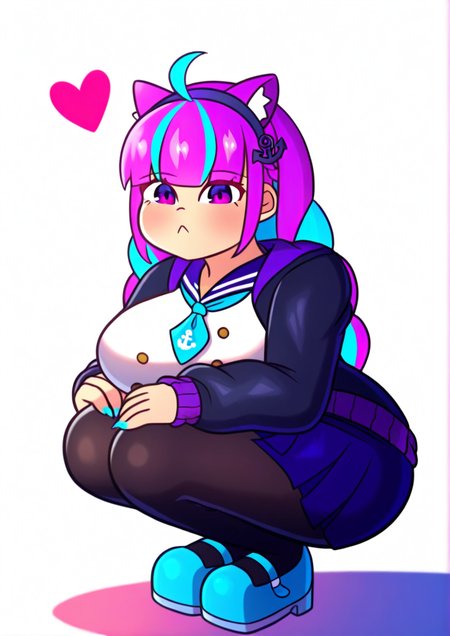 <lora:kenergi:1.3>,1girl, minato aqua, minato aqua (5th costume), huge breasts, ahoge, anchor hair ornament, animal ears, blue hair, blue nails, braid, cat ears, french braid, hair ornament, hairband, heart, jacket, long hair, looking at viewer, mary janes, multicolored hair, nail polish, official alternate costume, pantyhose, purple eyes, purple hair, sailor collar, shadow, shoes, solo, squatting, twin braids, two-tone hair,