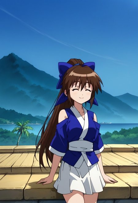 score_9, score_8_up, score_7_up, source_anime, highly detailed, 
suzuaira, 1girl, solo, brown hair, long hair, ponytail, closed eyes, bow, hair bow, blue bow, japanese clothes, shirt, blue shirt, short sleeves, bare shoulders skirt, white skirt, 
outdoor, island, palms, sky, upper body, smile,