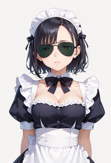 score_9, score_8_up, score_7_up, rating_safe, masterpiece, best quality, absurdres, unity 8k wallpaper, official art, official style, source_anime, uncensored, game cg, megami magazine,
1girl, solo, black hair, medium hair, upper body, maid, maid headdress, black dress, maid apron,
sg-AVIATOR, sunglasses, darkgreen-tinted eyewear, covered eyes, white background, simple background, black-framed eyewear
 <lora:glasses_aviator_PONY_V2:1>
