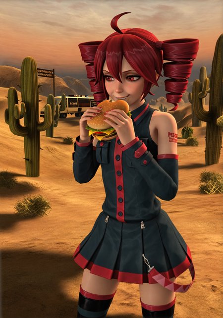 realistic, scenery, masterpiece, best quality, amazing quality, very aesthetic, absurdres, newest, kasane_teto, twin_drills, confident_smirk, eating_burger, bare_shoulders, thighhighs, striped_stockings, desert_trailer_park, arizona_setting, cactus, sunset_lighting, warm_tones, dusty_air, cinematic_shadows  <lora:dmd2_sdxl_4step_lora:1>, <lora:POSTAL_2_Style_Lora_V1.0_ILXL_DIM16_E10:1>