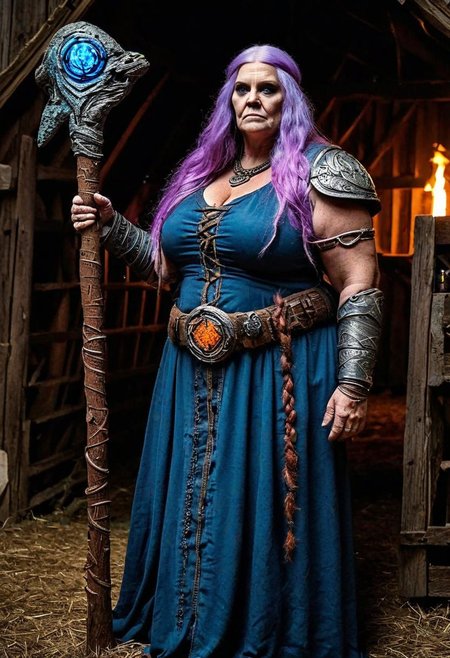 ((Female Fallen Aasimar Age 54 ((Druid)) Barbarian Sorceress in blue/Orange men's attire, gnarled staff, Long straight light purple hair, Skin: Pale pink, red scales near joints and on her throat, Silver eyes, Height: Giant, Weight: Obese, Breasts are well proportioned but sagging)) (Skills: Persuasion, Survival, Nature, Investigation.), (Personality: Gothic, Masculine, controlling, manipulative, flirts but not an outgoing person, manly.) (Attributes: Stubborn, unintelligent, power hungry, quick, charismatic, hearty.), (full body photo), (in torch lit barn)