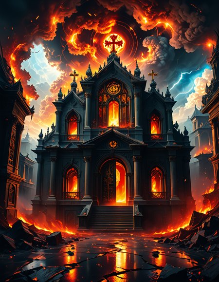 A once-majestic celestial temple, now under siege by the forces of Hell. The grand white stone structure is cracked and scorched, its golden crosses twisted and broken. The stained-glass windows, once glowing with warm divine light, are now shattered, with demonic symbols glowing ominously in their place. The sky, once a serene blue, is now consumed by dark storm clouds, swirling with red lightning and thick smoke.
Black, jagged chains extend from the sky, wrapping around the temple as if trying to pull it down into the abyss. The once-fluffy clouds beneath the structure are now a chaotic mix of fire, ash, and dark mist, with glimpses of molten lava cracks below. Infernal creatures with glowing red eyes lurk in the shadows, their silhouettes barely visible through the smoke and fire.
The temple doors are blown open, revealing an eerie red glow emanating from within, as if Hell itself is consuming the sacred space. Massive demonic runes are etched into the stone, pulsating with an unholy energy. The entire scene is bathed in a deep crimson and orange glow, giving it an apocalyptic and nightmarish atmosphere.
Style & Lighting:
- Dark fantasy, highly detailed
- Dramatic, high-contrast lighting with fiery glows
- Cinematic composition, epic scale
- Strong use of shadows, embers, and atmospheric foghighly detailed and atmospheric view from inside a massive birdcage, large enough for a human to stand inside. The cage is made of ornate, aged metal bars with intricate Victorian-style patterns, curving elegantly towards the domed ceiling. Sunlight filters through the gaps between the bars, casting long, dramatic shadows on the wooden floor. Delicate vines and small flowers have begun to grow around the bars, adding a touch of nature reclaiming the space. The background beyond the cage is blurred, hinting at a lush garden or a mysterious, abandoned mansion. The ambiance is serene yet slightly melancholic, with warm golden light illuminating dust particles floating in the air. Soft feathers are scattered on the floor, adding to the sense of quiet abandonment. The perspective makes the viewer feel as if they are inside the cage, looking outward, surrounded by both beauty and confinement. The style is highly detailed and realistic, with a cinematic and slightly surreal atmosphere.
<lora:SDXLFaeTastic2400:0.4> <lora:extremely_detailed:0.4> extremely detailed,evil celestial t3mpl3, <lora:evil_celestial_t3mpl3-p:1>, Masterpiece,best quality,hi res,8k,hi res,8k,award winning,(sharp focus, intricate, highly detailed),