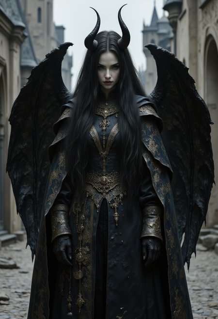 A Tiefling young woman stands in the middle of a fantasy medieval city. she looks directly at the viewer a little cheekily with a grin. She has short black cow horns, long black straight silky hair. The hair is tucked behind the ear. There are big black demonic wings behind her back. She has large eyes and black sclera, neat young facial features. She is dressed in a restrained dark wizard's robe with golden details. Her skin is gray. the passage describes a highly detailed and ethereal portrait of shoulder-high shot, masterpiece, best quality, extremely beautiful, slender body, model pose, perfect composition, very young face