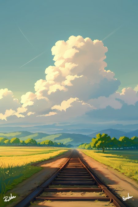 PDXL, source_anime, <lora:AlpcmasV1:1>, alpcm4s, landscape, 
railroad track, grassy plains, cumulonimbus, 
volumetric reflections, volumetric shadows, HDR, shot on Canon DSLR