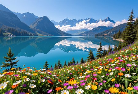 Beautiful summer meadow full of tiny colorful flowers, leading down to a crystal blue lake surrounded by snow capped mountain peaks, This picturesque scene is beautifully mirrored in the tranquil waters of the lake, in the distance layers of mountains strech to the horizon in shades of blue, mysterious fog envelops the landscape, adding depth and atmosphere to the composition, ultra-detailed, hyper-detailed, ambient lighting, volumetric lighting, (masterpiece), (Amazing quality), (phenomenal aesthetic), cinematic moment, 8K<lora:FLUX_Ghibsky_Illustrations.safetensors:0.8:1.0>