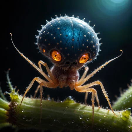 <lora:add-detail-xl:2.4> <lora:xl_more_art-full-xl:0.6> <lora:lyco-style-envydramaticlightingxl01_digital_art-xl:0.5> award-winning macro photo by (thomas shahan:1.2), front light, rim lighting, dappled light, the (diminutive:1.4) prickly murkzibberer is a (bioluminescent glowing:1.2) surreal and enchanting arachnoid that dwells in the canopies and lurbled curbletwist of the exotic alien world hardbloom secundus, where they harvest zurbled (spores and floating particles:1.2) for sustenance, navy blue, ultra detailed, 8k, uhd
