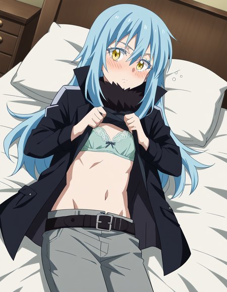 score_9, score_8_up, score_7_up, source_anime, <lora:rimuru-tempest-s3-ponyxl-lora-nochekaiser:1>, rimuru tempest, long hair, hair between eyes, blue hair, yellow eyes, androgynous,, long sleeves, open clothes, belt, pants, coat, black pants, buckle, black belt, open coat, black coat, belt buckle, grey pants,, <lora:undressing-ponyxl-lora-nochekaiser:1>, undressing, underwear, clothes pull, pulling own clothes, bra, panties, panty pull, shirt lift, open shirt, skirt pull, clothes lift, navel, indoors, bed, bed room, blush,, indoors, bed, bed room, on side, blush, drunk, looking at viewer, solo,, cowboy shot, dutch angle