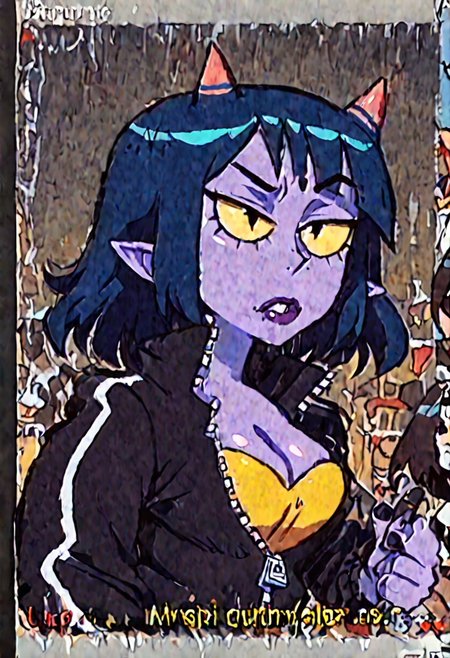 anime, photo, shiny skin,  intricate details, ultra-animatic, high saturation, high contrast, RAW, <lora:add_detail:0.33>, ppfnono, ppfnono_aku, 1girl, short blue hair, demon_girl, horns, colored_skin, colored sclera, yellow sclera, black eyes, track black jacket, yellow shirt, cleavage, medium breasts, lips,