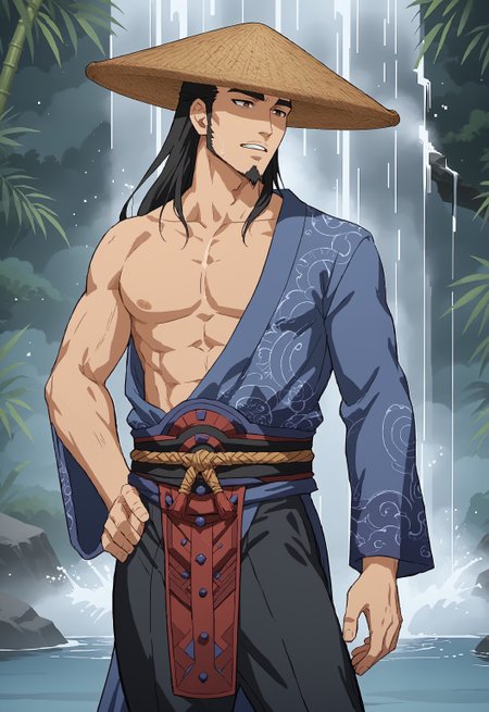safe_pos, safe_pos, score_9, score_8_up, rating_nsfw, ultra hd, absurdres, best quality, ultra quality, masterpiece, masculine, solo, 1boy, male focus, best anatomy, best eyes, best hands, sexiest man alive, erotic, gay porn, hand with five fingers, mature male, anime screencap

SmiteSusano, SmiteSusanoSword, SmiteSusanoHat, facial hair, bamboo hat, long hair, robes, waterfall background, Japanese, aesthetic, amazing, Expressiveh