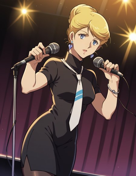 score_9, score_8_up, score_7_up, source_anime,
crowleyhamon, <lora:crowley-hamon-ova-ponyxl-lora-nochekaiser:0.7>,
crowley hamon, medium hair, blonde hair, blue eyes, hair over shoulder,
dress, jewelry, heart, pantyhose, earrings, necktie, hair bun, single hair bun, black dress, turtleneck, short sleeves,
stage, stage lights, microphone, microphone stand, singing, 
looking at viewer, cowboy shot, solo, dutch angle,