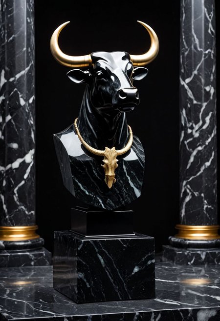 Fujifilm XT3, Sony A7 IV, (award winning photography) a (black: 0.79) marble simple (anthropomorphic bull) bust statue made of opal (Kintsugi: 0.89) set on a pedestal in temple, glistening. in the background beautiful pillars, divine (iridescent: 0.79), opalescent textures, volumetric light, ethereal, sparkling, studio photo, highly detailed, sharp focus (highest quality: 1.39) (highest coherency: 1.39) (award winning photography), highly detailed photography, (muted colors, cinematic, dim colors, soothing tones:1.2), vibrant, insanely detailed, hyperdetailed, (dark shot:1.2), (vsco:0.3), (intricate details:0.9), (hdr, hyperdetailed:1.2) (vignette), sss, raw photo, fijifilm, kodak, cinematic film grain, mesopotamian, babylonian