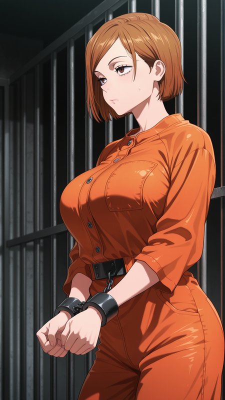 masterpiece,best quality,amazing quality, 1girl, solo, large breasts, <lora:IlluNobara:1> illuobara, short hair, brown hair, brown eyes,  <lora:prisoner_illustrious:0.5> prsnr, prisoner, prison clothes, jumpsuit, orange jumpsuit, bound wrists, cuffs,