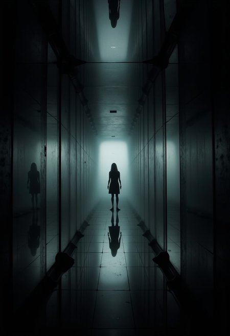 An endless, surreal hallway in a mirror dimension, where every wall, floor, and ceiling reflects infinitely in dark, glossy mirrors; the reflections warp subtly, bending reality with eerie distortions. Soft, ambient lighting emanates from hidden sources, casting faint, ghostly glows and creating a sense of being both enclosed and lost in infinite space. Shadows ripple across the surfaces as if alive, and faint, distorted reflections appear and vanish, suggesting unseen presences within the mirrored depths