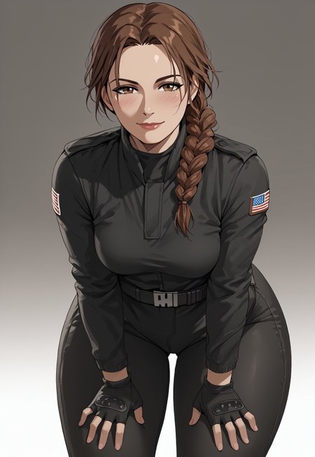 safe_pos, score_9, score_8_up, score_8, BREAK, gradient background,from sideways, ash, ash \(Rainbow Six Siege\),1girl,adult,solo,standing,legs apart,leaning forward,hands on own thighs,looking at viewer,horny,smile,beautiful face,lips,beautiful eyes, brown eyes, half closed eyes,single braid,brown hair,(curvy:1),bottom heavy ,medium breasts,thick thighs,huge ass,BREAK,  black shirt,long sleeves,black pants,fingerless gloves, belt