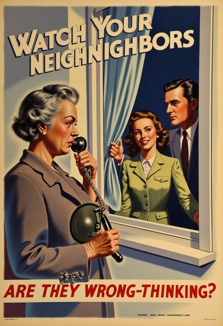 In REME's War Poster Style. an old woman at her window holds a telephone and peers from behind her curtains at a young couple. title reads "WATCH YOUR NEIGHBORS" and "ARE THEY WRONG-THINKING?". high detail.