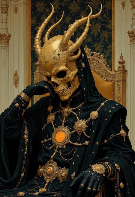 A king wearing an elaborate golden skull mask sits regally on a throne. His clothing is black, adorned with intricate golden decorations and details that shimmer in the light. The throne room is lavishly decorated, with elegant tapestries, ornate pillars, and luxurious furnishings that exude opulence and power. The king's imposing presence is accentuated by the grandeur of his surroundings. He supports his head with one hand, creating a contemplative and commanding pose, adding to the dramatic and majestic splendor of the scene.