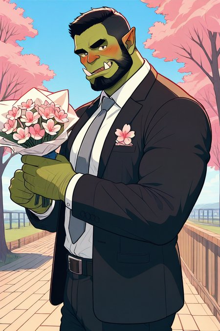 masterpiece, best quality, highres, newest, 1boy, solo, male focus, mature male, orc, green skin, tusks, short hair, black hair, facial hair, beard, muscular, looking at viewer, cowboy shot, formal, black suit, suit, white shirt, collared shirt, grey necktie, long sleeves, smile, blush, holding flower, holding bouquet, standing, outdoors, sky, blue sky, tree, cherry blossoms <lora:OIS - s6 [LoRA] - NoobAI-XL EPS 1.0:1>