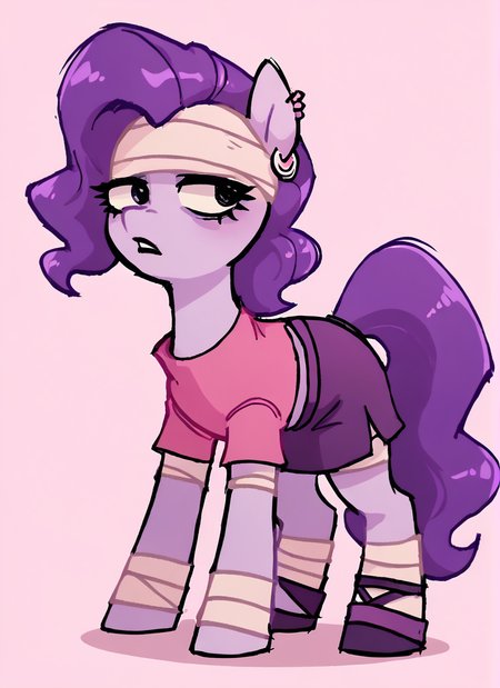 score_9, score_8_up, score_7_up,   <lora:bsemz:1>bsemz , 1 girl , purple skin , bandages ,Earrings , purple hair, skirt  ,cropped shirt , pink shirt  , <lora:SyrupyyyArt:1>syrupyyy , (horse girl,:1.2)  (pony girl:1.1)  pony