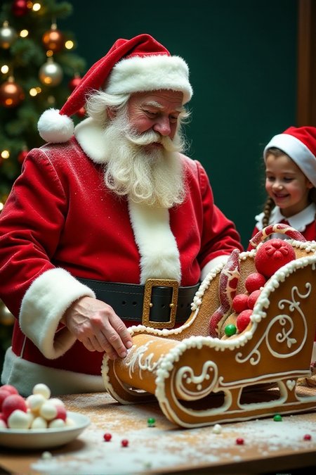 Santa Claus challenges the elves to a baking competition. Determined to win, he attempts an elaborate gingerbread sleigh. Flour covers his red suit, and candy pieces stick to his beard. His sleigh ends up looking more like a melted candy sculpture. The elves nervously present their creations, only to find out that Santa's taste test involves smashing each entry with a wooden mallet to test "structural integrity," leaving a trail of gingerbread debris and laughter.<lora:Sinfully_Stylish_.02_for_FLUX:1>âââ