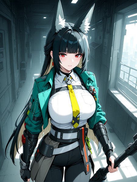 IllustriousQual <lora:cfg_scale_boost:0.3> <lora:StS-Illustrious-Detail-Slider-v1.0:3>,detailed_background,indoors,weapon,szai,fingerless gloves,zenless zone zero,single fingerless glove,closed mouth,dress shirt,fox ears,blonde hair,sidelocks,large breasts,blunt bangs,animal ears,holding weapon,black gloves,standing,partially fingerless gloves,yellow necktie,animal ear fluff,earrings,black pants,gauntlets,1girl,green jacket,expressionless,solo,skirt,mole under eye,izumi iro,red eyes,holding,black hair,hoshimi miyabi,breasts,jewelry,looking at viewer,pants,white shirt