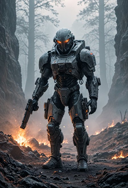 Alien-themed score_9, score_8_up, score_7_up,  futuristic style hardened soldier, walking through thick eerie fog, fog mixed with fire and smoke shrouding an otherworldly terrain, holding a sleek advanced laser rifle with both hands, towering monolithic machine in the background, machine was abandoned by some mysterious civilization, sunbeam filters through the dense fog and smoke, a somber serenity that belies the inherent danger. <lora:RMSDXL_Enhance:1.0>, 
 <lora:sdxl_lightning_8step_lora:1.0> . sleek, modern, ultramodern, high tech, detailed,, rating_safe,  . Extraterrestrial, cosmic, otherworldly, mysterious, sci-fi, highly detailed