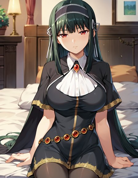 score_9,score_8_up,score_7_up,score_6_up,score_5_up,score_4_up,1girl, <lora:shinra_kuonji:0.75> shinra_kuonji,big breasts,hair band,cape,brooch,black dress, short sleeves, jewelry,pantyhose, black pantyhose,looking at viewer,