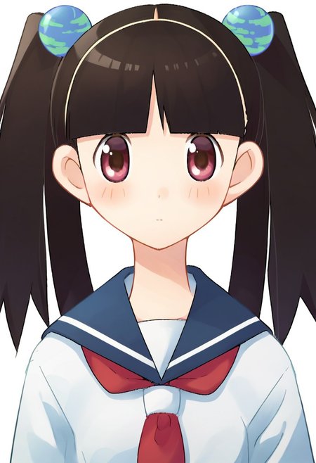 score_9, score_8, score_7, source_anime, otonashi meru, 1girl, solo, twintails, hair bobbles, blush, school uniform, looking at viewer, serafuku, upper body, phone
