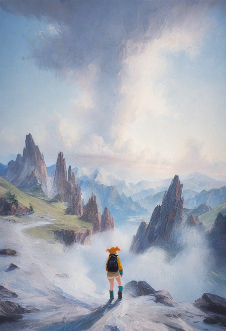 ArsMJStyle, Impressionism, kirochy, masterpiece, high_quality, highres, best_quality, amazing_quality, very_aesthetic, landscape, mountain rocky terrain, mountain trail, ((glacial arête, narrow trail, steep drop-off on either side of trail)), 1woman, solo, hiker single braid, windbreaker, khaki shorts, hiking boots, backpack, hiking on narrow trail, back to viewer, distant mountain, misty, light fog, soft light, high clouds, dynamic angle, rear view, very wide shot