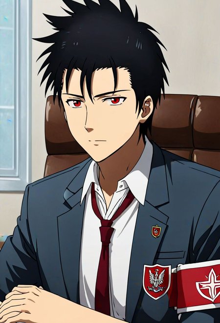 Highres, Masterpiece, High Quality, 4K, 8K, solo, 1Boy, Soujirou Agata, borown eyes, black hair, student council president, school uniform, portrait, meeting table, red armband, easynegative, detailed_eye_model