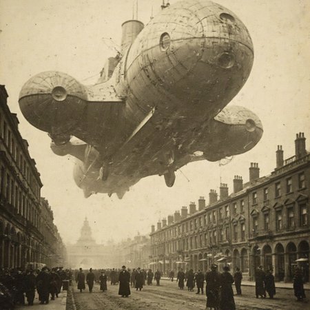 01dPh0t0 dark, shadow, distorted, grainy, film grain, Victorian, An aged worn sepia monochrome 1800s photograph of an (enormous and intricately detailed high-tech science fiction alien spacecraft):2 hovering over 1890s London, low angle looking up, ominous, looming, massive sense of scale, nervous people on the streets looking upward